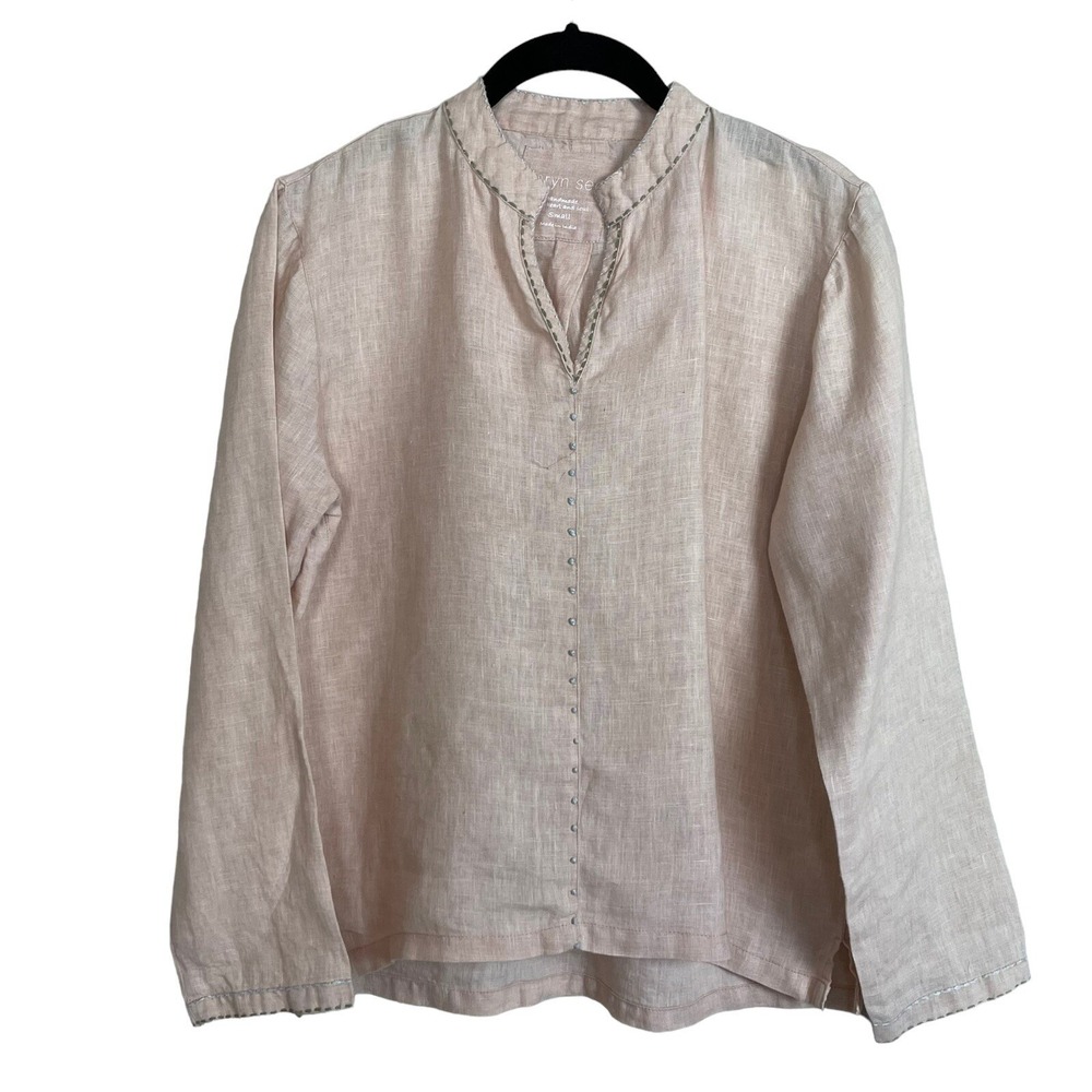 Karyn Seo Linen Blouse Womens S Peach Tan Hand Stitched Coastal Relaxed Boho Top